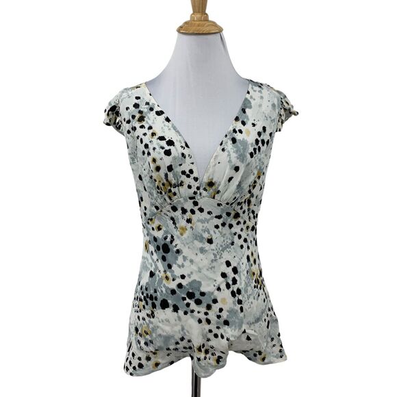 Moda International Silk Blouse Women S Grey Leopard Plunge V Neck Flutter Sleeve - Picture 1 of 14